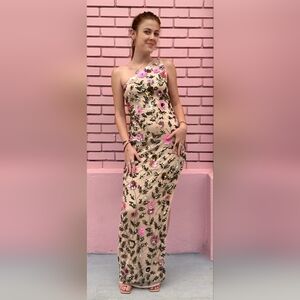 Mac Duggal Pink and Green Embroidered Dress